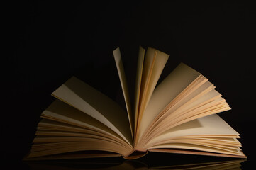 A close up of the book opened over black background