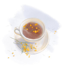 Aroma morning fresh beverage with flower topping. Digital illustration. 