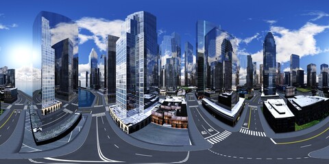 Panorama of the city. Environment map. HDRI map. equidistant projection. Spherical panorama