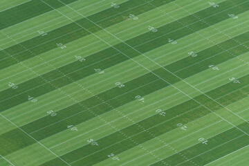 American football field aerial view. Field of play with yard marks and sports hash mark.