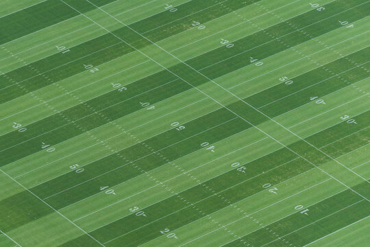 American Football Field Aerial View. Field Of Play With Yard Marks And Sports Hash Mark.