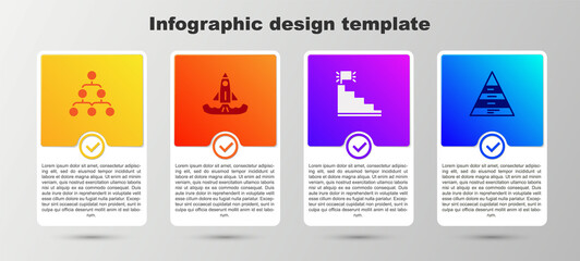 Set Hierarchy organogram chart, Rocket, Stair with finish flag and Pyramid infographics. Business infographic template. Vector