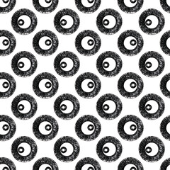 seamless white black pattern with large rings in hand printing technique