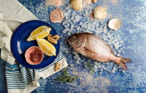fresh raw pagro or porgy, pargo rosado on the blue background and ice, lemon, spices, top view, healthy fish