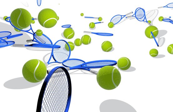 3D Illustration Of Tennis Balls And Rackets. Falling To The Ground Bouncing And Mingling. Cut Out On White Background With Bold Colors.