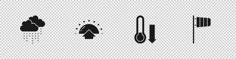 Set Cloud with rain, Sunrise, Meteorology thermometer and Cone windsock wind vane icon. Vector