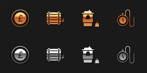 Set Coin money with pound, Wooden barrel, Coffee cup to go and Watch chain icon. Vector
