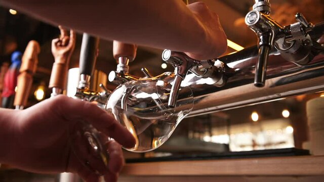 Barman opening the beer tap. Bartender pouring light fresh beer into glass with bubbles close up.Pale ale or craft lager