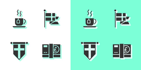 Set Pound sterling money, Cup of tea with tea bag, England flag pennant and flagpole icon. Vector