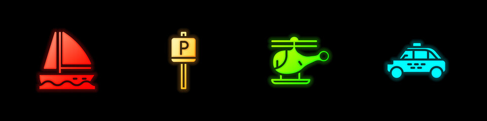 Set Yacht sailboat, Parking, Helicopter and Taxi car icon. Vector