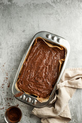 Chocolate brownie dough before bakingб flat lay, top view