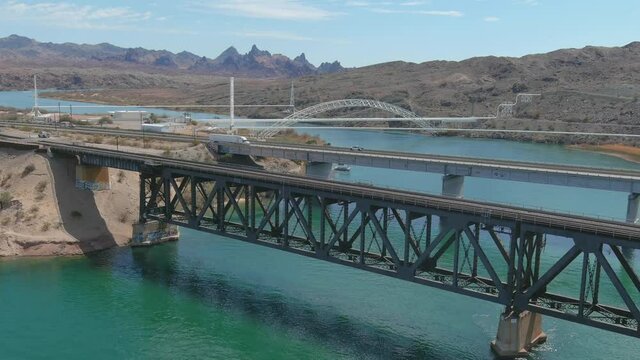 Topock railroad bridge and Interstate 40 bridge crossing the Colorado River