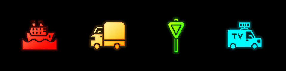 Set Cruise ship, Delivery cargo truck, Road traffic signpost and TV News icon. Vector