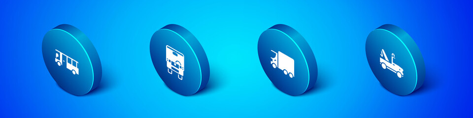 Set Isometric Bus, Delivery cargo truck, Tow and icon. Vector