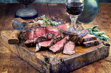 Traditional dry aged barbecue wagyu porterhouse beef steak sliced with herbs and salt served as...