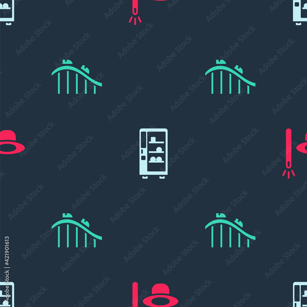 Poster set magic hat and wand, vending machine and roller coaster on seamless pattern. vector