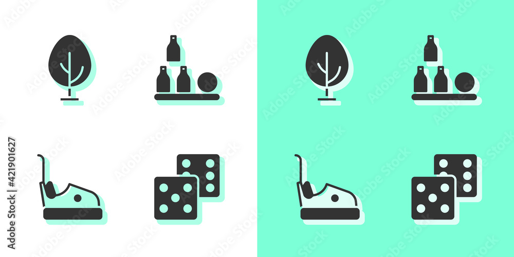 Wall mural set game dice, tree, bumper car and bottles ball icon. vector