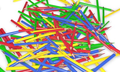 3d animation of colored pencils falling from above accumulating on the ground. And bouncing against each other. Vivid colors on white background.