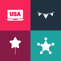Set pop art Hexagram sheriff, Balloon, Carnival garland with flags and USA laptop icon. Vector
