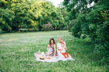 Young family with children having fun in nature. Two young mothers friends with kids toddlers are sitting on grass in beautiful park having picnic