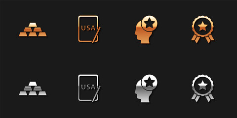 Set Gold bars, USA on graphic tablet, Head and Medal with star icon. Vector