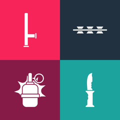 Set pop art Military knife, Hand grenade, Barbed wire and Police rubber baton icon. Vector