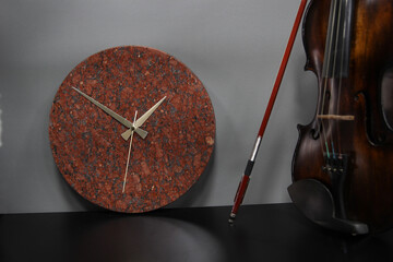 Natural granite stone wall clock, Round burgundy marble clock, Decorative wall watch, Music time