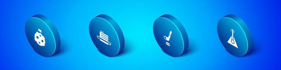 Set Isometric Moon with flag, Ice hockey stick and puck, Balalaika and Medovik icon. Vector