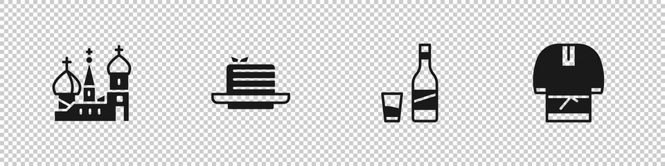 Set Saint Basil's Cathedral, Medovik, Bottle of vodka with glass and Kosovorotka icon. Vector