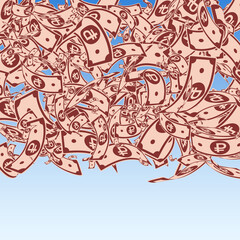 Russian ruble notes falling. Messy RUB bills on bl