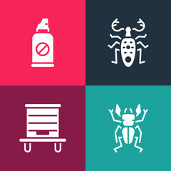Set pop art Beetle deer, Hive for bees, and Spray against insects icon. Vector