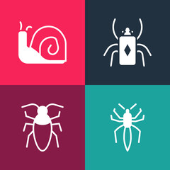 Set pop art Spider, Cockroach, Beetle bug and Snail icon. Vector