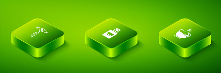 Set Isometric Perfume, Bottle of olive oil and Wine corkscrew icon. Vector