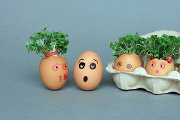 Chicken Eggs With Cress As Hair Looking At An Odd Bold Egg.