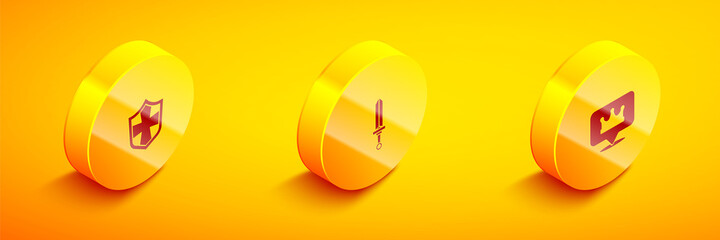 Set Isometric Shield, Medieval sword and Location king crown icon. Vector