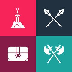 Set pop art Crossed medieval axes, Antique treasure chest, spears and Sword in the stone icon. Vector