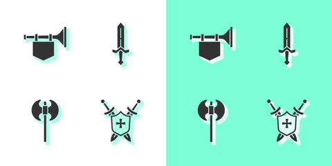 Set Medieval shield with swords, Trumpet flag, axe and icon. Vector