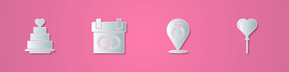 Set paper cut Wedding cake with heart, Calendar, rings and Balloons form of icon. Paper art style. Vector