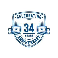 34 years anniversary celebration shield design template. 34th anniversary logo. Vector and illustration.