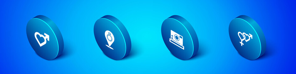 Set Isometric Heart with male gender, Photo camera, Gender and Wedding rings icon. Vector