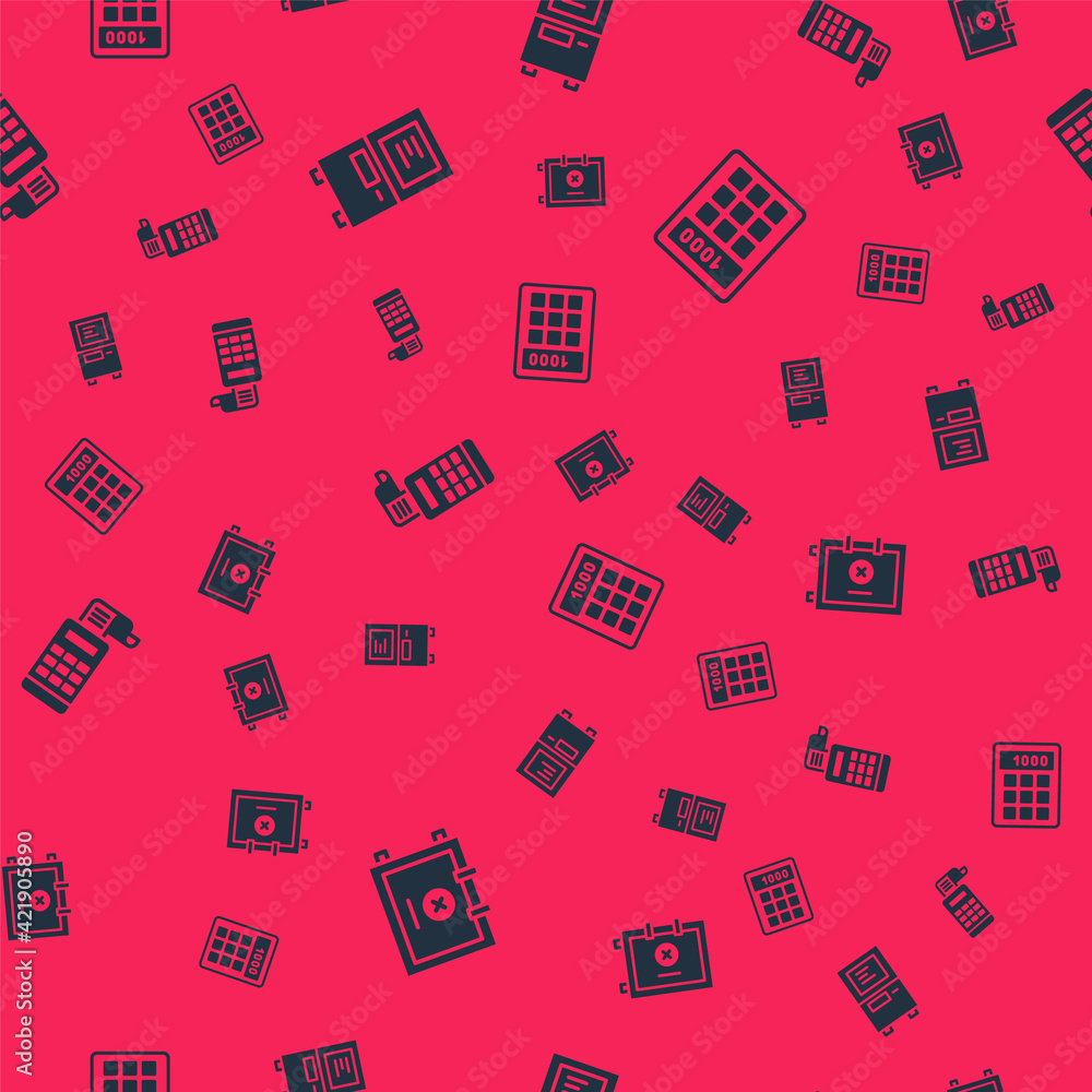 Poster set safe, atm, cash register machine and calculator on seamless pattern. vector