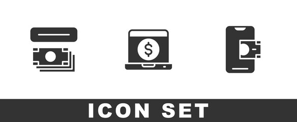 Set ATM and money, Laptop with dollar and Mobile banking icon. Vector