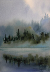 Aquarel landschap mist, bergen, sparren. Bomen in de mist worden weerspiegeld in het water. Mystieke tekening met aquariumverf.