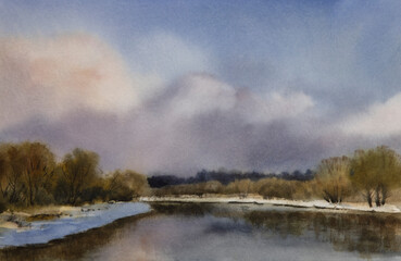 Watercolor landscape with river, clouds and trees, early spring. The clouds are reflected in the river.