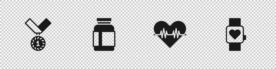 Set Medal, Sports nutrition, Heart rate and Smart watch icon. Vector