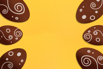 Painted easter eggs on yellow background. Colorful. Paper texture. Illustration.