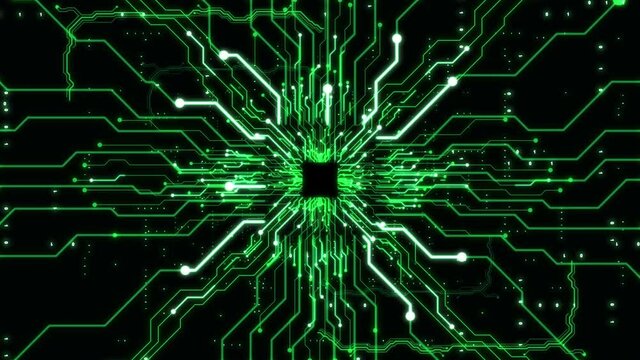 Abstract futuristic circuit board green background. High technology looping animation.