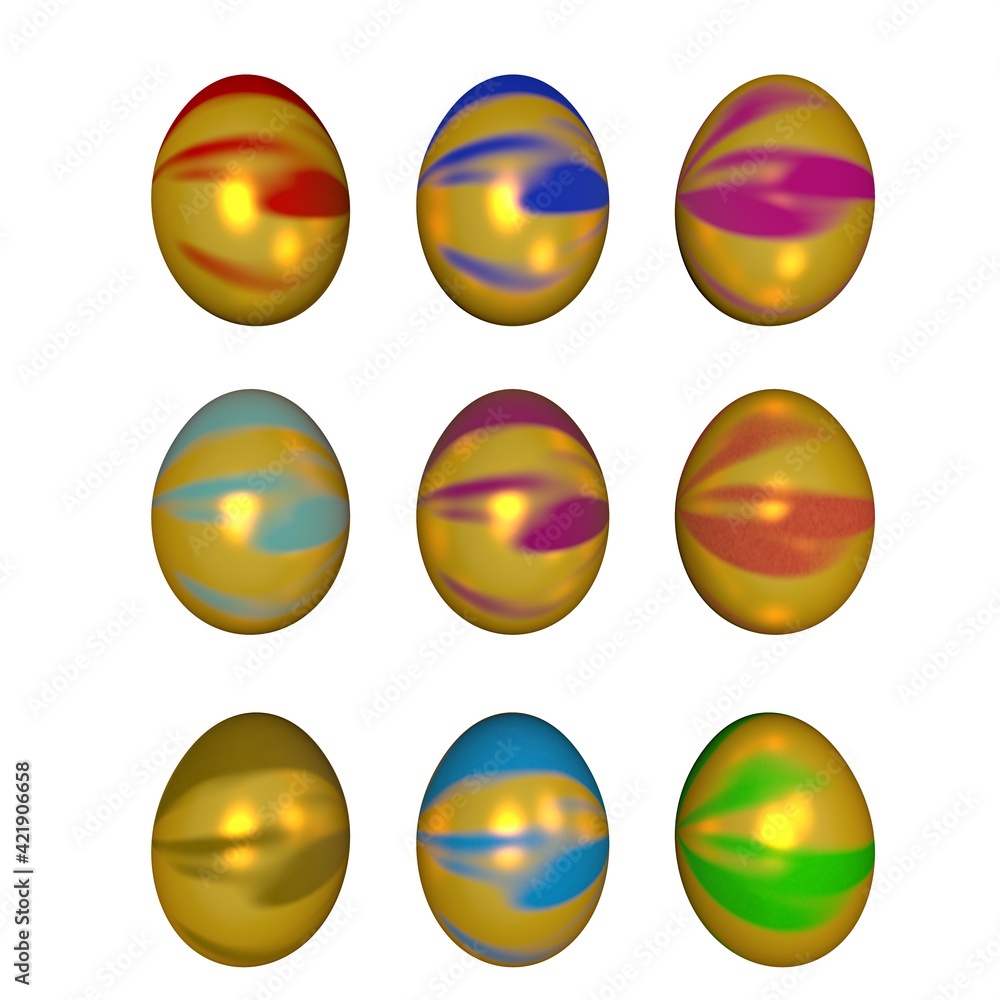 Poster set of 9 gilded easter eggs. 3d rendering image. spring religious holiday.