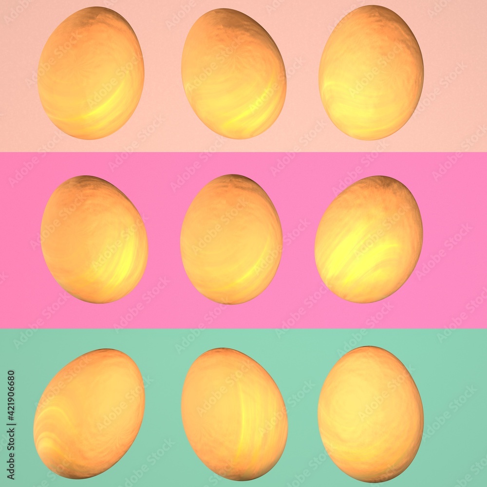 Poster a set of 9 light colored easter eggs. 3d rendering image.