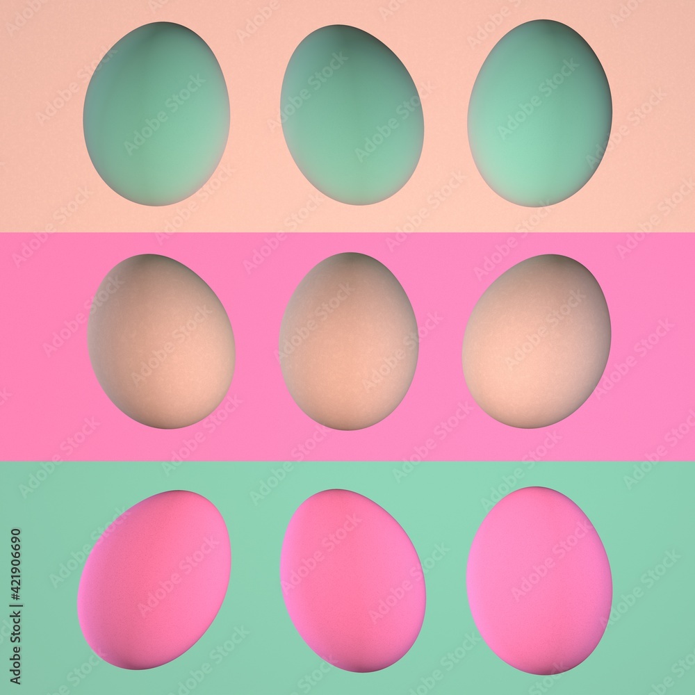 Poster a set of 9 light colored easter eggs. 3d rendering image.